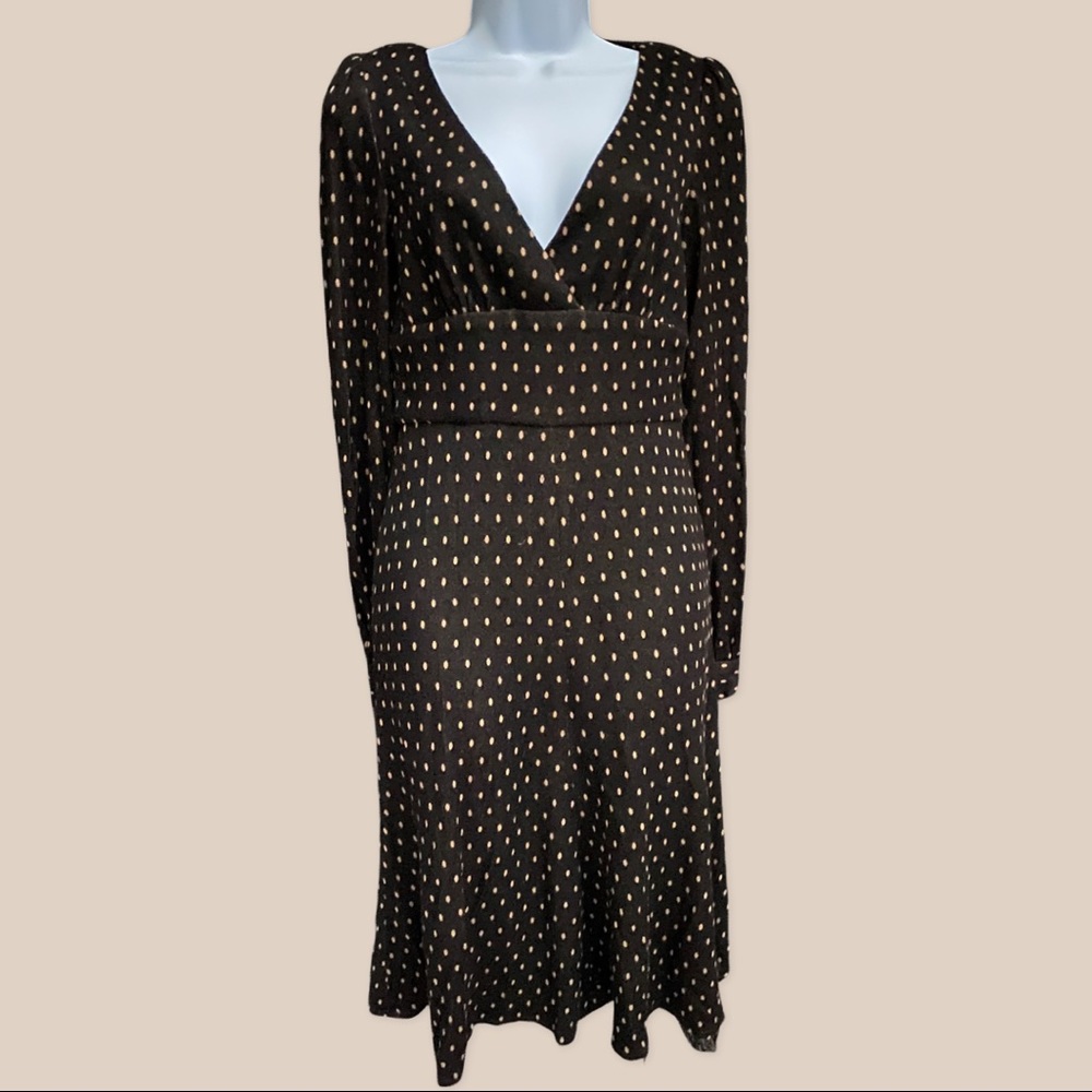 Betsey Johnson Dress Polka Dot Midi Dress with Empire Waist and Long Sleeves